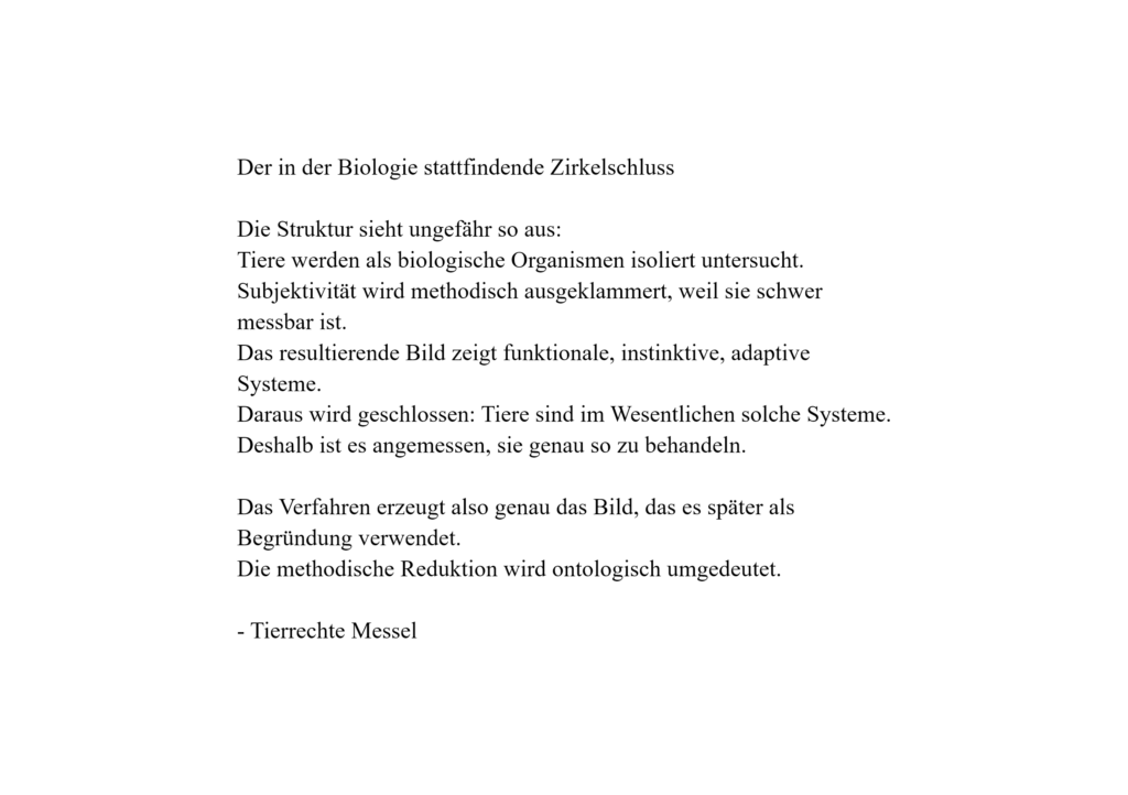 Der in der Biologie stattfindende Zirkelschluss

Die Struktur sieht ungefähr so aus:
Tiere werden als biologische Organismen isoliert untersucht.
Subjektivität wird methodisch ausgeklammert, weil sie schwer messbar ist.
Das resultierende Bild zeigt funktionale, instinktive, adaptive Systeme.
Daraus wird geschlossen: Tiere sind im Wesentlichen solche Systeme.
Deshalb ist es angemessen, sie genau so zu behandeln.

Das Verfahren erzeugt also genau das Bild, das es später als Begründung verwendet.
Die methodische Reduktion wird ontologisch umgedeutet.

- Tierrechte Messel

